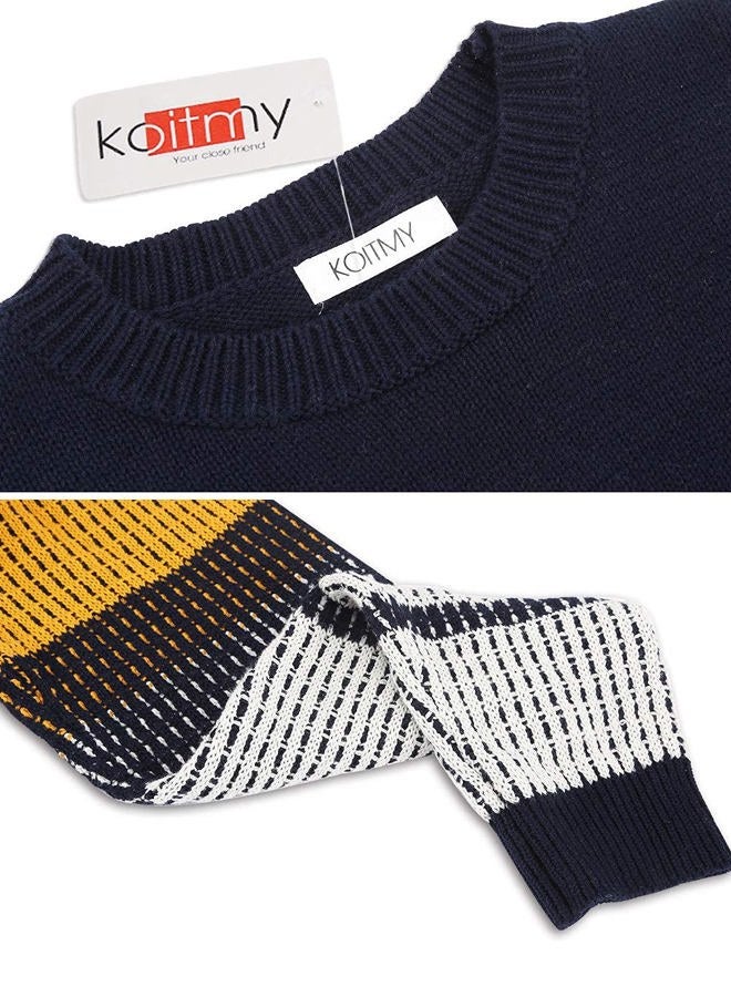 koitmy Women's Cute Contrast Sleeve Knitted Pullover Sweater, Navy, S - Image 3