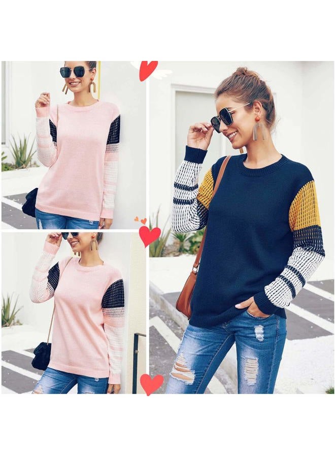 koitmy Women's Cute Contrast Sleeve Knitted Pullover Sweater, Navy, S - Image 1