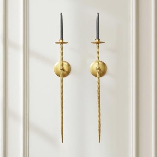 Remenna Large Wall Candle Holder Set of 2 Twisted Candle Sconces Wall Mount Metal Candle Holders Decor for Bedroom Dining Room 23.5" Gold - Image 1