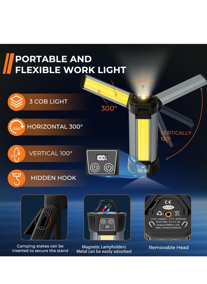 XiuWoo Rechargeable Work Light with Stand, Cordless LED Work Light with Portable Folding Stand, 6AH Battery Work Light, 2000Lumen Outdoor Camping Construction Lights  - Image 2