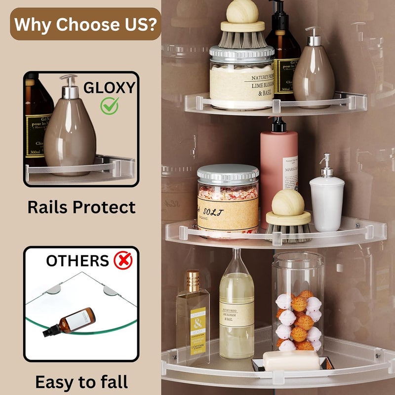 GLOXY Bathroom Corner Shelves – 3 Pcs Unbreakable Transparent ABS Acrylic Wall Shelf Set, Washroom Storage Organizer for Bathroom & Living Room (7", 9", 11") - Image 4