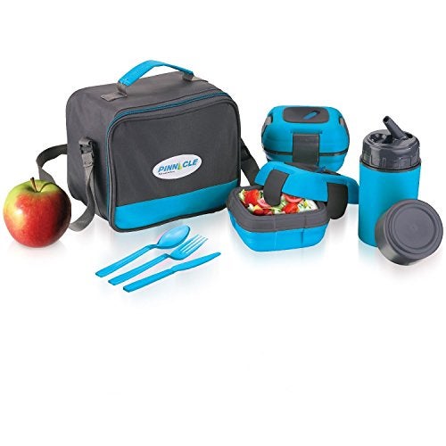 Pinnacle Thermoware Lunch Box Bag Set for Adults and Kids, Blue, Plastic and Stainless Steel, Matching Cutlery - Image 1