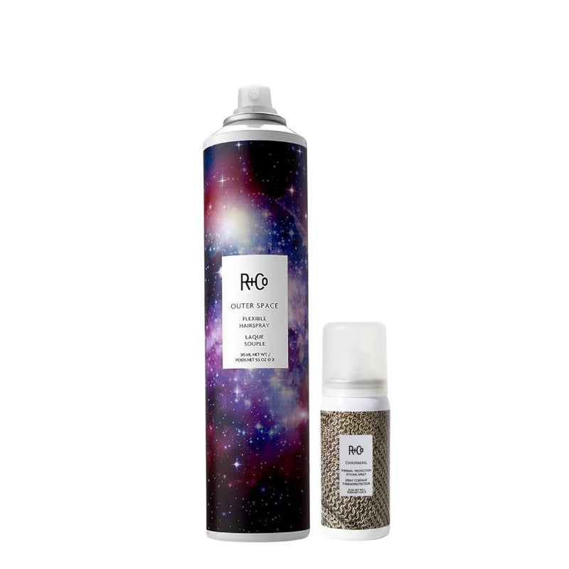 R+Co Outer Space Flexible Hairspray (9.5 Oz) + Chainmail Heat Protection Spray For Hair Travel Size (.5 Oz) | Vegan + Cruelty-Free | Set of 2 - Image 1