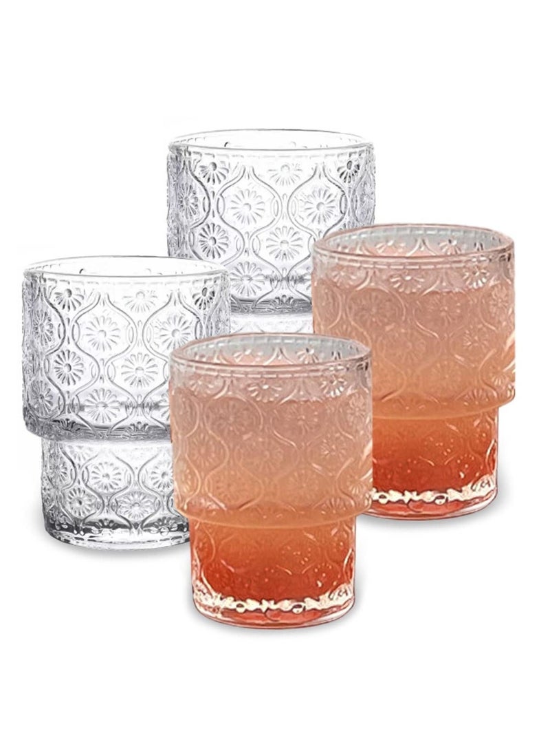 NIBEMINENT Vintage Coffee Mugs, 4 Pcs Embossed Stackable Pattern Style Transparent Glasses Set, Aesthetic Glasses, for Ice Coffee, Juice, Drinkware Dinner Parties, Restaurants, Home 190ml - Image 1