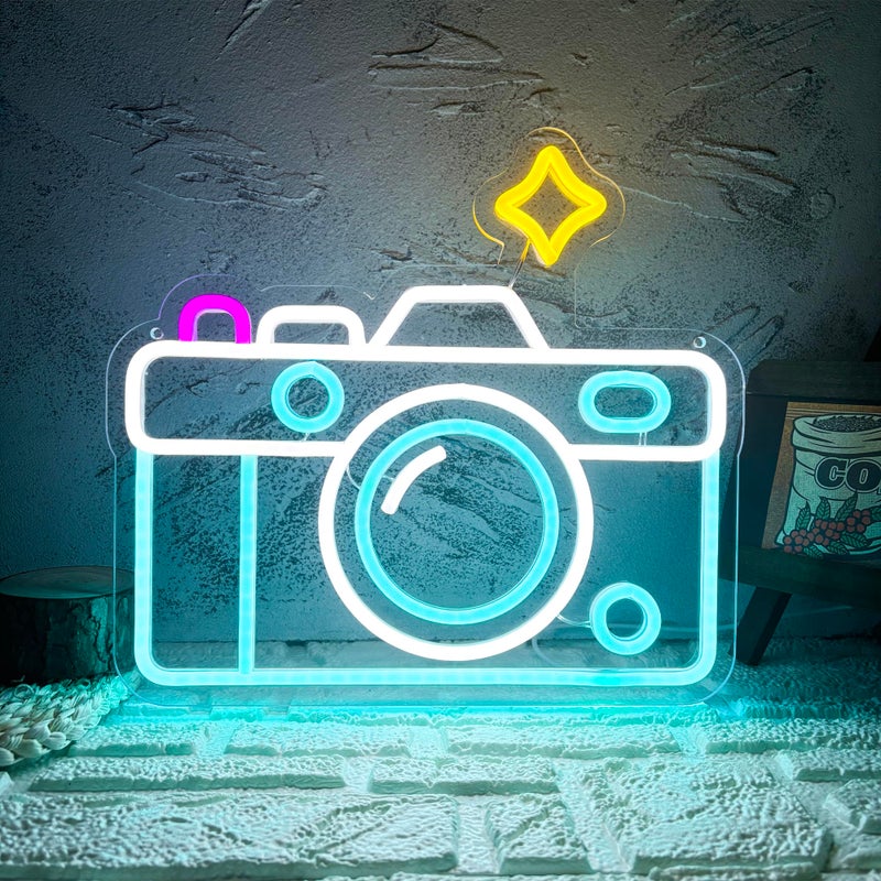 Manimo Camera Neon Sign Dimmable LED Light Up Wall Decor Multi-Color Retro Photography Studio Art Vintage Vlogger Background Accessory for Bedroom, Gaming Room, Store Photographer Gifts(13.3 * 12.2in) - Image 1
