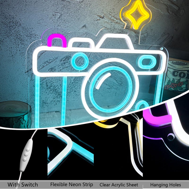 Manimo Camera Neon Sign Dimmable LED Light Up Wall Decor Multi-Color Retro Photography Studio Art Vintage Vlogger Background Accessory for Bedroom, Gaming Room, Store Photographer Gifts(13.3 * 12.2in) - Image 2