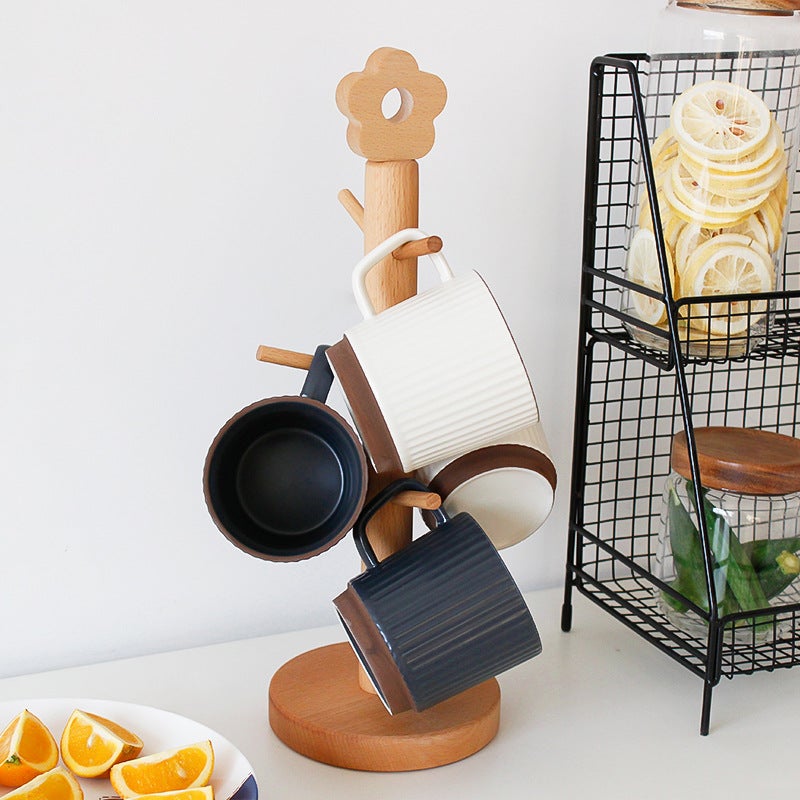 Japanese-style Beech Cup Holder Household Mug Hanging Drain Storage Rack Wooden Flower Tree-shaped Jewelry Storage Rack(Small flower-tall 6-stick cup holder) - Image 4