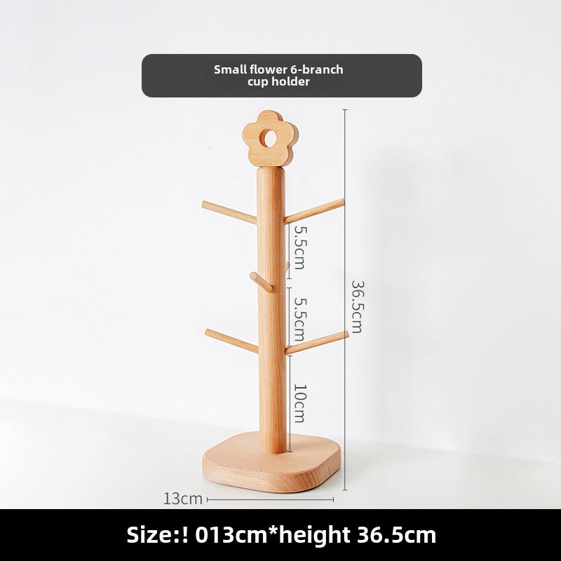 Japanese-style Beech Cup Holder Household Mug Hanging Drain Storage Rack Wooden Flower Tree-shaped Jewelry Storage Rack(Small flower-tall 6-stick cup holder) - Image 1