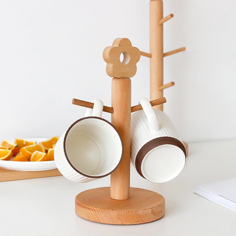 Japanese-style Beech Cup Holder Household Mug Hanging Drain Storage Rack Wooden Flower Tree-shaped Jewelry Storage Rack(Small flower-tall 6-stick cup holder) - Image 3