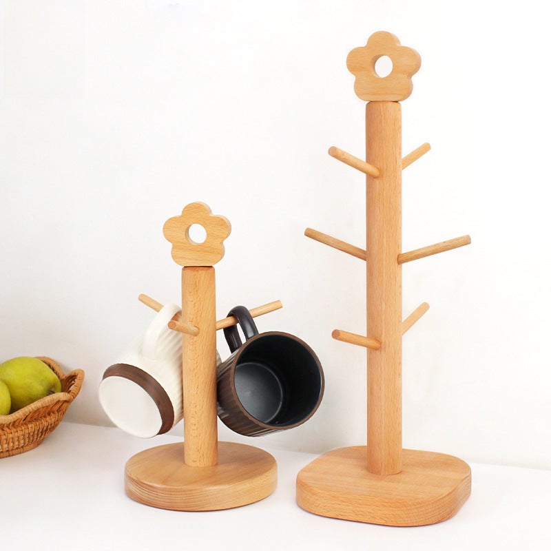 Japanese-style Beech Cup Holder Household Mug Hanging Drain Storage Rack Wooden Flower Tree-shaped Jewelry Storage Rack(Small flower-tall 6-stick cup holder) - Image 2