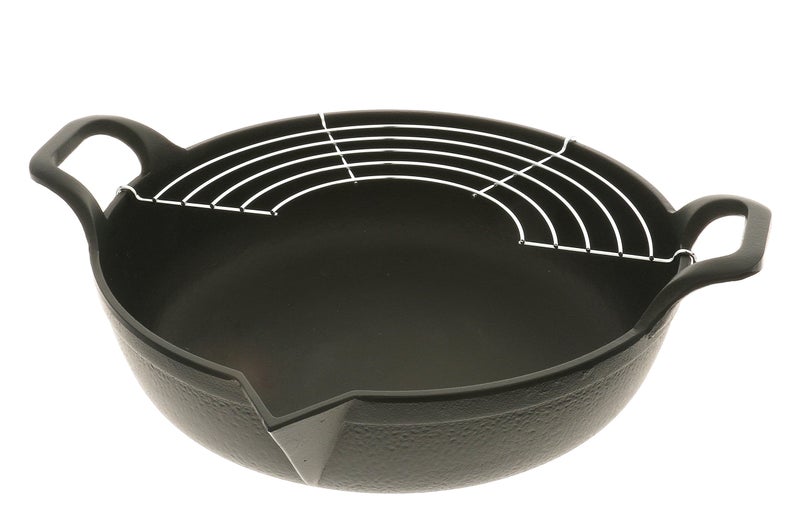 Iwachu Cast Iron Tempura and DeepFry Pan with Wire Rack 2 quart Black