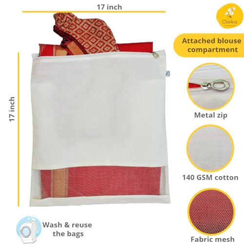 Clarkia pack of 24 Reusable Cotton Saree Cover with Blouse compartment big size for Storage, Wardrobe Organizer bags saree bags cotton (17x17 inches, Beige) - Image 2