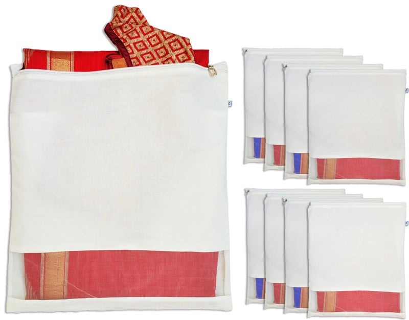 Clarkia pack of 24 Reusable Cotton Saree Cover with Blouse compartment big size for Storage, Wardrobe Organizer bags saree bags cotton (17x17 inches, Beige) - Image 1