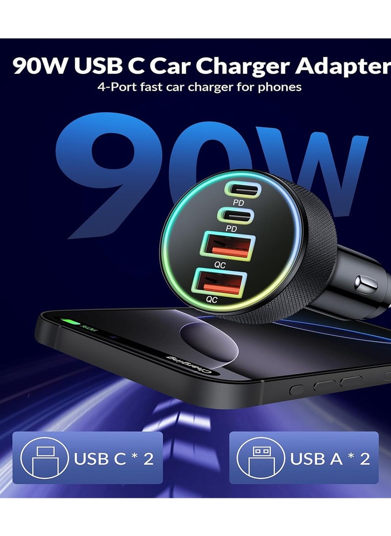 X-level - USB C Car Charger,4-Port 90W Dual USB-C & USB-A Car Charger Adapter PD/QC Multi Port Fast Charging for iPhone 16 15 14 13 12 11 Pro Max, iPad, Samsung S25 S24 S23 S22, Pixel, Android - Image 1