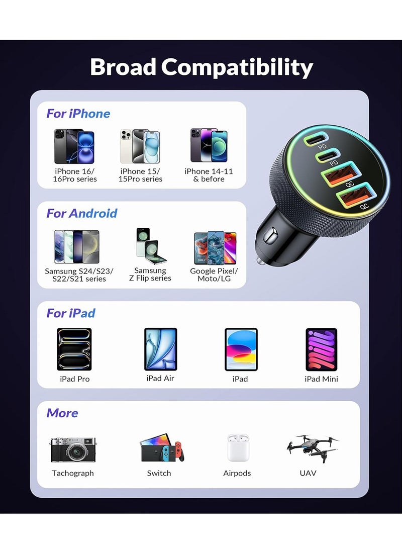 X-level - USB C Car Charger,4-Port 90W Dual USB-C & USB-A Car Charger Adapter PD/QC Multi Port Fast Charging for iPhone 16 15 14 13 12 11 Pro Max, iPad, Samsung S25 S24 S23 S22, Pixel, Android - Image 1