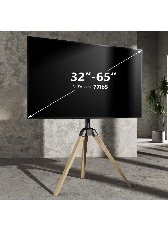 FlashHawk Wood TV Tripod Stand for 32-65 Inch LED TV | Heavy-Duty 45KG Capacity Tripod TV Mount | ±25° Rotation | Cable Management and Safety Lock for Living Room/Office  - Image 2