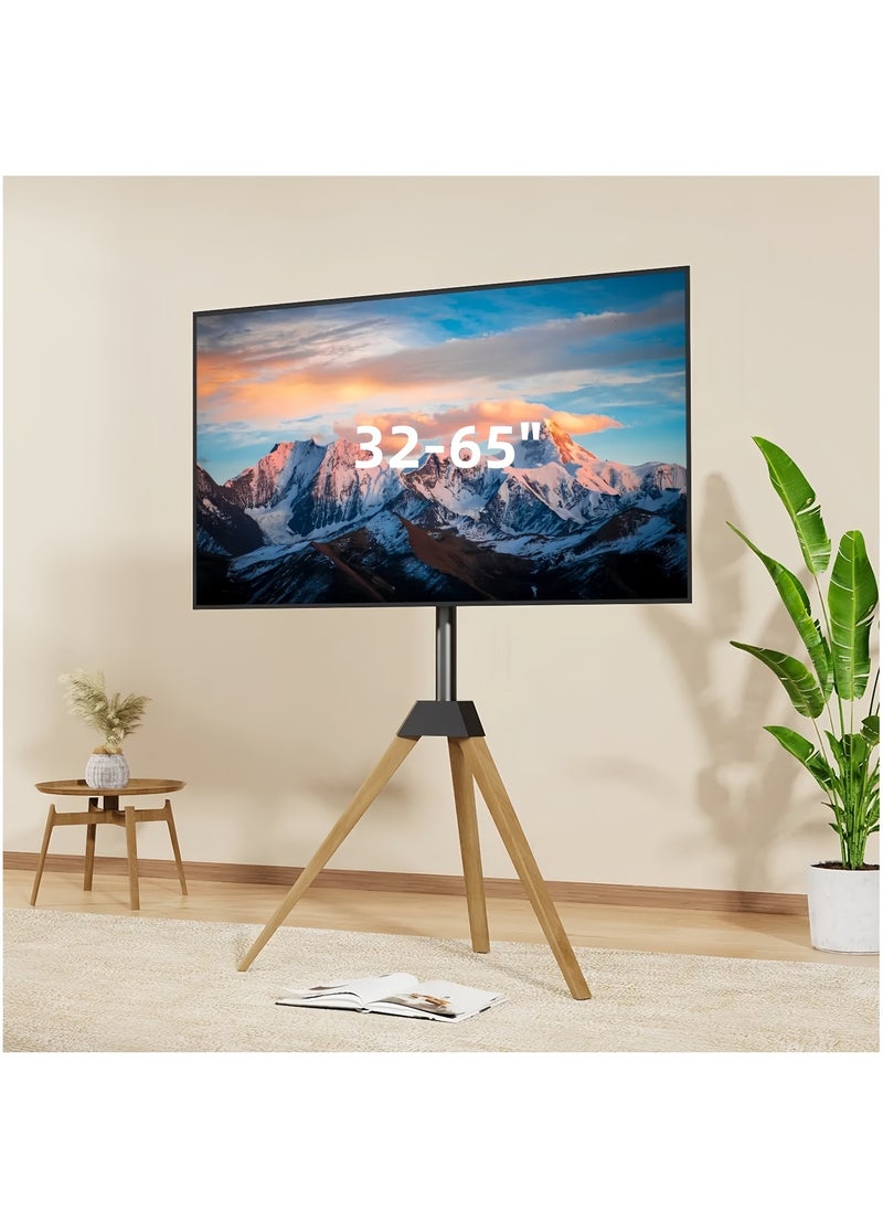 FlashHawk Wood TV Tripod Stand for 32-65 Inch LED TV | Heavy-Duty 45KG Capacity Tripod TV Mount | ±25° Rotation | Cable Management and Safety Lock for Living Room/Office  - Image 1