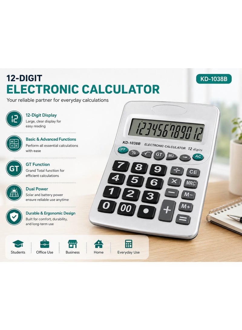 آلة حاسبة إلكترونية مكتبية موديل KD-1038B بـ 12 رقماً - شاشة LCD كبيرة، طاقة ثنائية (شمسية وبطارية)، أزرار مريحة ووظائف محاسبية متقدمة (GT, MU) للمكتب، الطلاب، التجارة والمنزل - Image 1