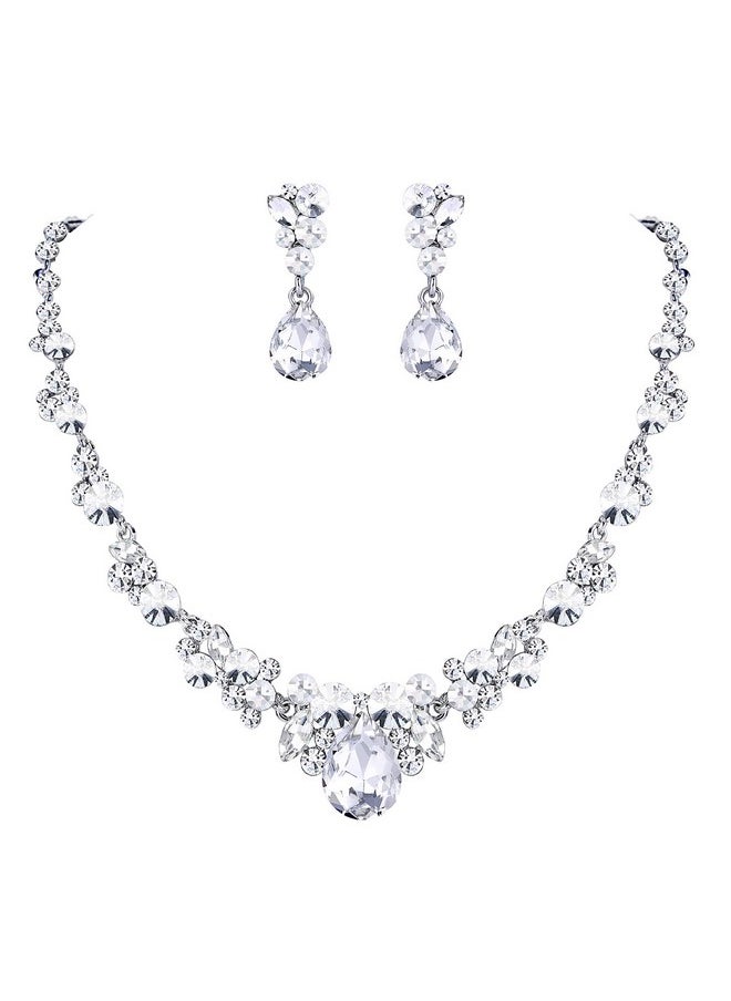 EVER FAITH Rhinestone Crystal Bridal Floral Teardrop Necklace Earrings Set Clear Silver-Tone  - Image 1