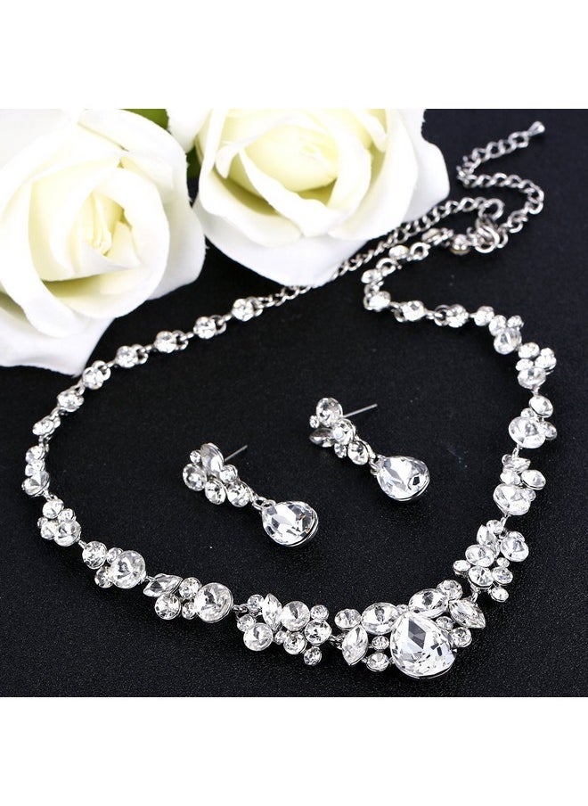 EVER FAITH Rhinestone Crystal Bridal Floral Teardrop Necklace Earrings Set Clear Silver-Tone  - Image 3