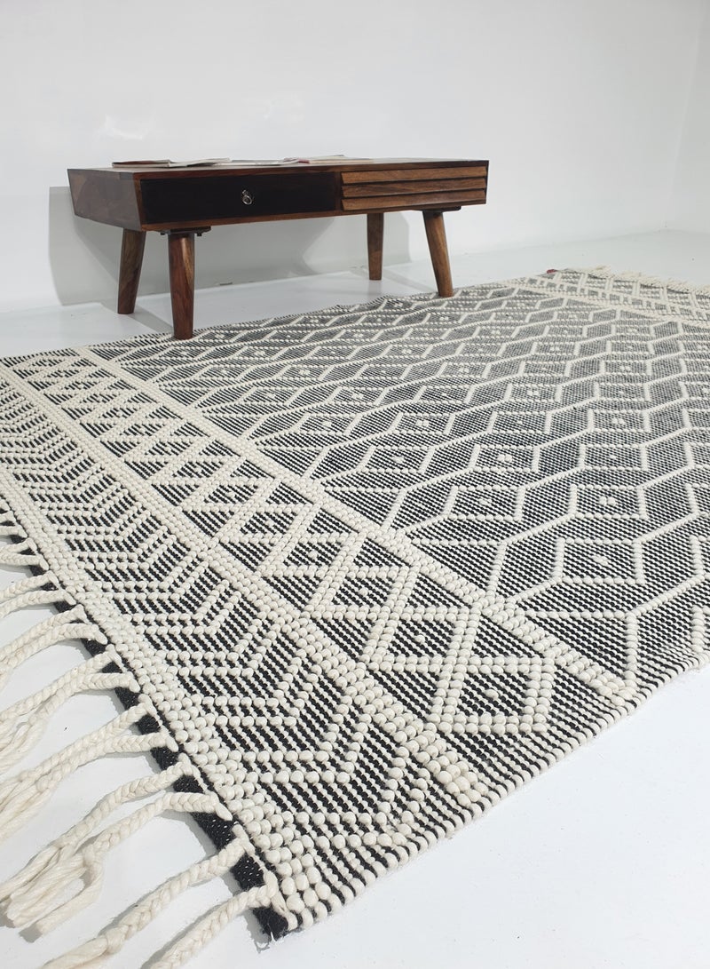 Ramsha Area rug for bedroom NZ wool and cotton Handmade woven rug carpet for living room carpet Woven rug with fringes grey and white color rug srn-018 - Image 1