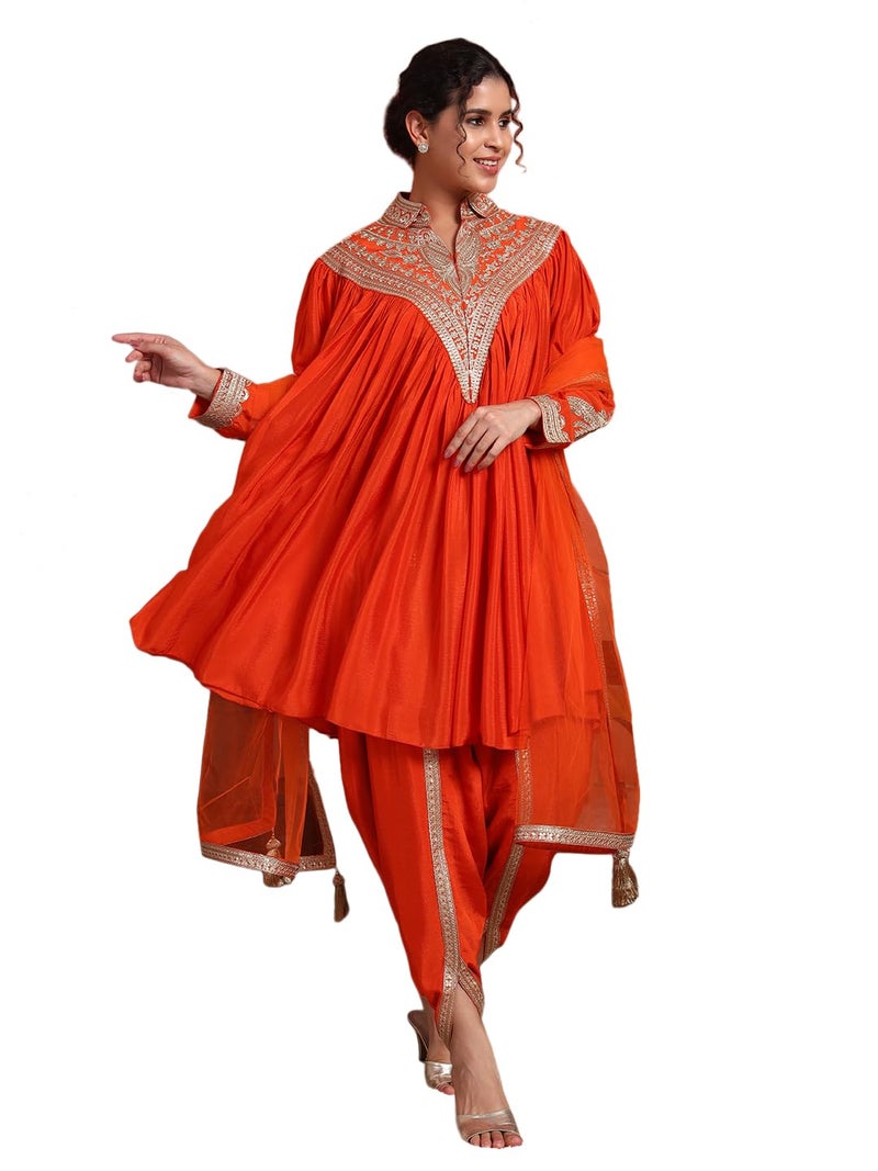 SHOPPING QUEEN Women's Silk Blend Embroidered Kaftan, Dhoti Pant & Dupatta Set (A580_Ginger Orange_XL) - Image 1
