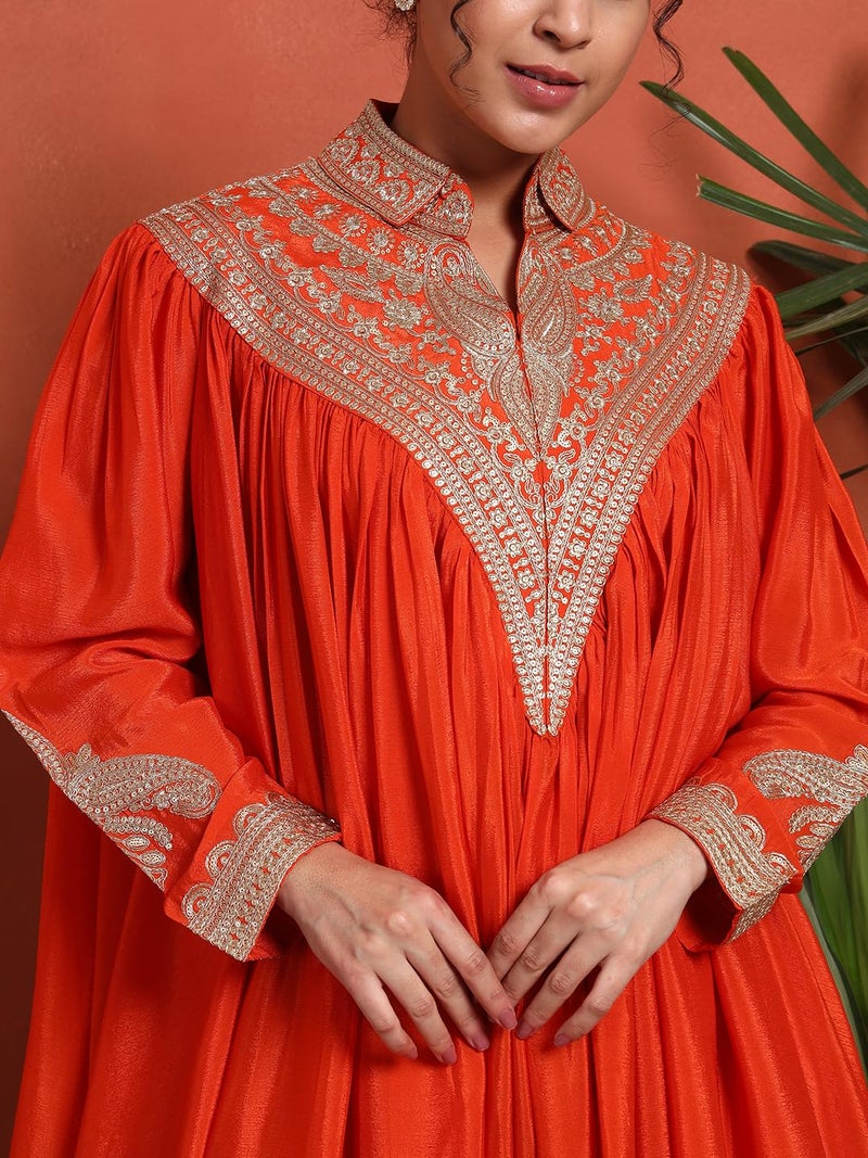 SHOPPING QUEEN Women's Silk Blend Embroidered Kaftan, Dhoti Pant & Dupatta Set (A580_Ginger Orange_XL) - Image 4