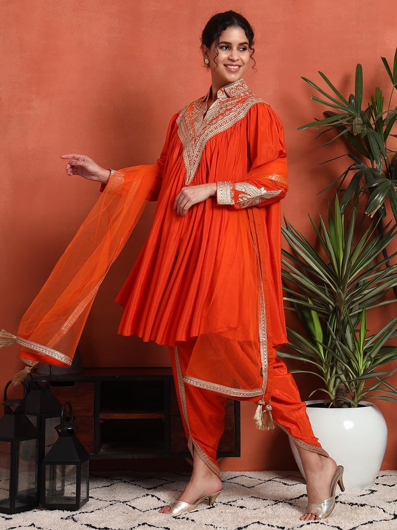 SHOPPING QUEEN Women's Silk Blend Embroidered Kaftan, Dhoti Pant & Dupatta Set (A580_Ginger Orange_XL) - Image 3