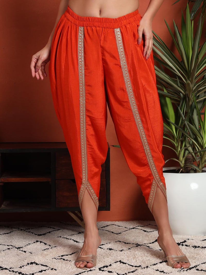 SHOPPING QUEEN Women's Silk Blend Embroidered Kaftan, Dhoti Pant & Dupatta Set (A580_Ginger Orange_XL) - Image 5