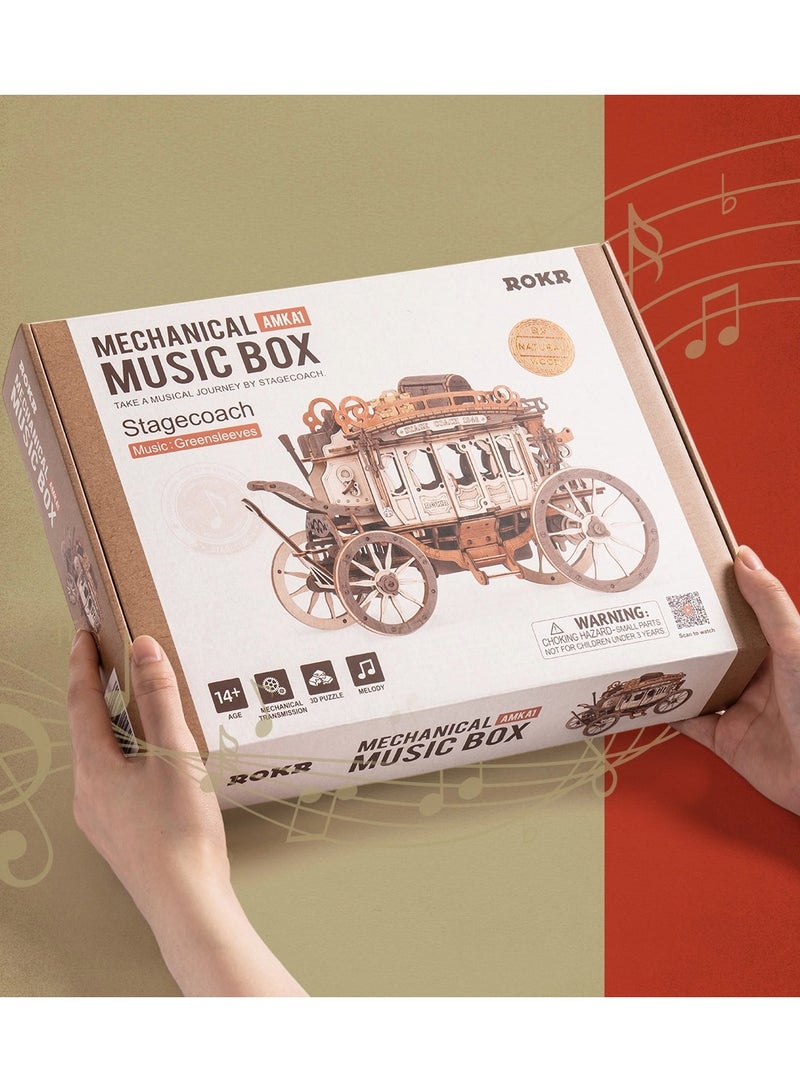 روكر أحجية صندوق الموسيقى الخشبي Stagecoach نموذج خشبي ميكانيكي ثلاثي الأبعاد للبناء - Image 5