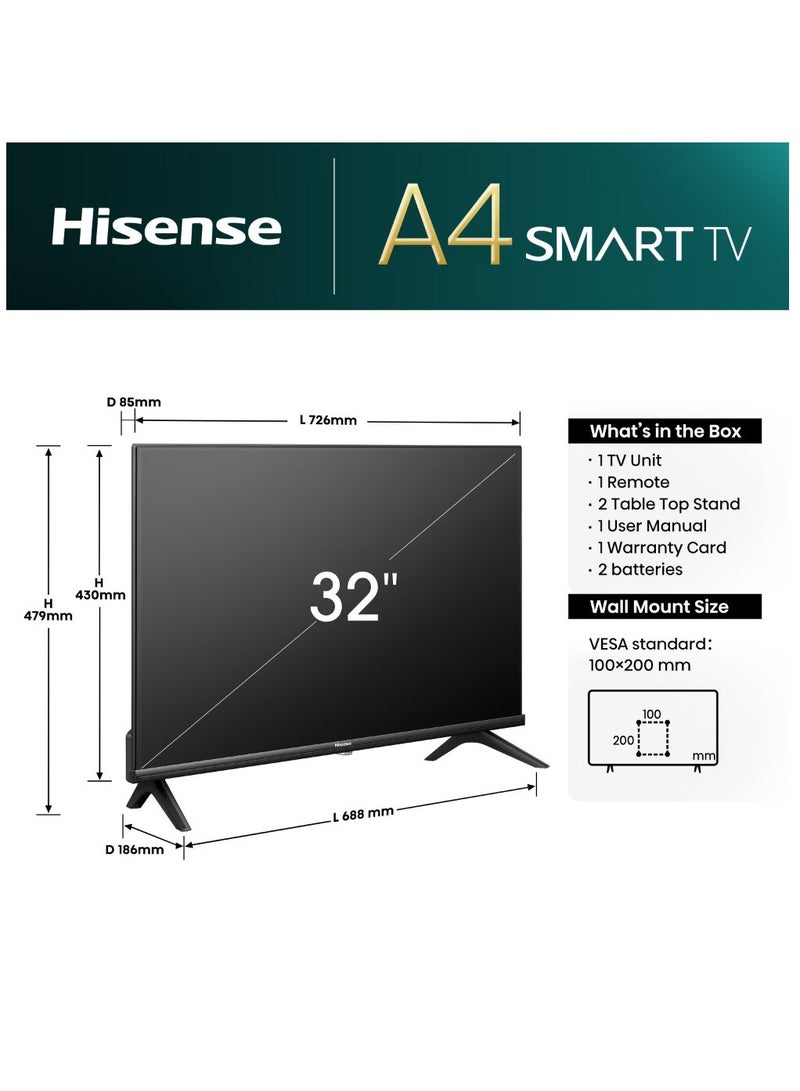 Hisense 32 Inch HD Smart LED TV With 60Hz, High Contrast, Natural Color Enhancer, Dolby Audio, VIDAA OS & AI Sport Mode 32A4N Black - Image 3