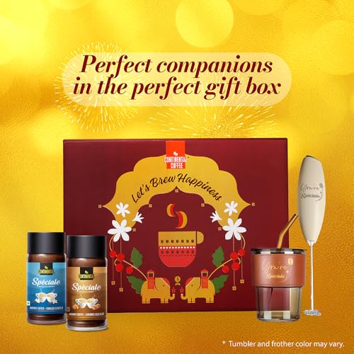 CONTINENTAL COFFEE Gift Box Hamper Set | Continental Speciale Vanilla & Caramel Flavoured Coffee Powder 50gm Jar | Premium Tumbler 350ml | Stainless Steel Electric Handheld Frother | Festival Gift | Diwali Gift Box - Image 2