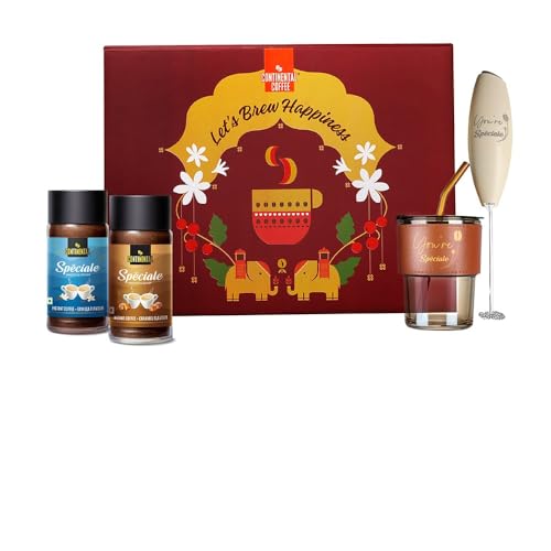 CONTINENTAL COFFEE Gift Box Hamper Set | Continental Speciale Vanilla & Caramel Flavoured Coffee Powder 50gm Jar | Premium Tumbler 350ml | Stainless Steel Electric Handheld Frother | Festival Gift | Diwali Gift Box - Image 1