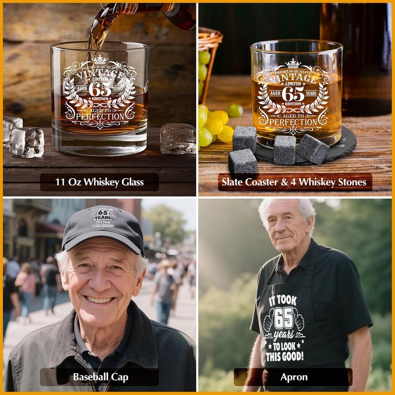 NVTROVI 65th Birthday Gifts for Men Whiskey Glass Set, 65th Birthday Party Supplies with 11 Oz Whiskey Glass Coaster Stone Baseball Cap Apron Sock Funny Toilet Paper Keychain for Him, Dad, Husband, Friends - Image 5