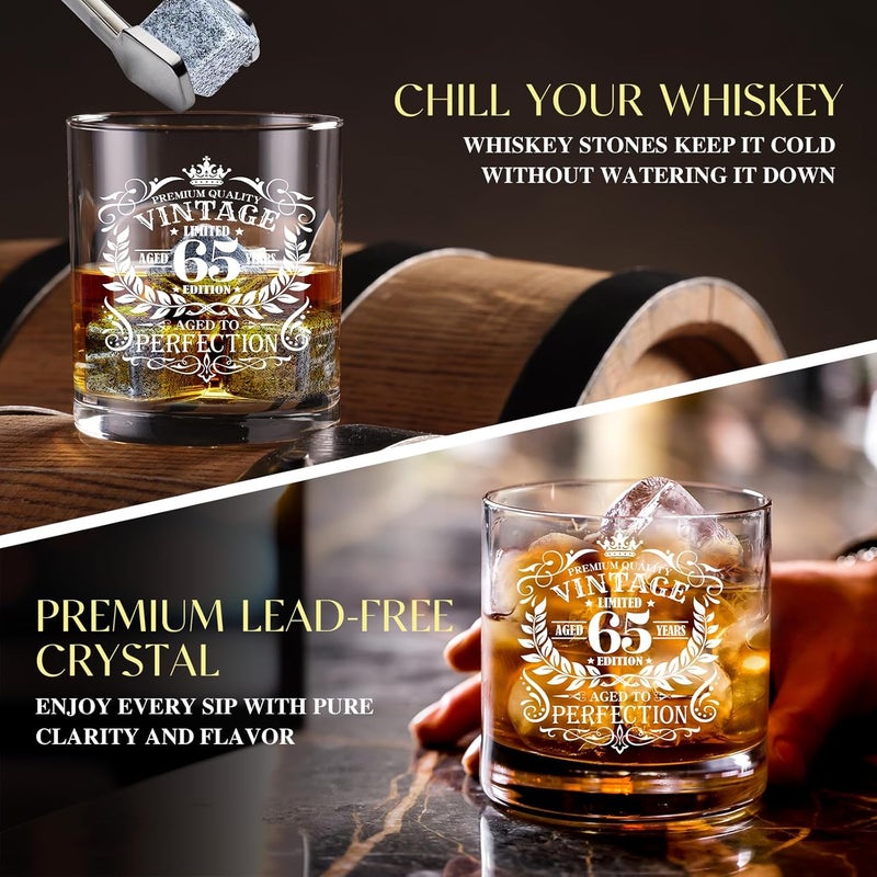 NVTROVI 65th Birthday Gifts for Men Whiskey Glass Set, 65th Birthday Party Supplies with 11 Oz Whiskey Glass Coaster Stone Baseball Cap Apron Sock Funny Toilet Paper Keychain for Him, Dad, Husband, Friends - Image 4