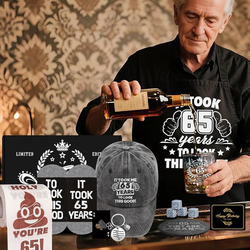NVTROVI 65th Birthday Gifts for Men Whiskey Glass Set, 65th Birthday Party Supplies with 11 Oz Whiskey Glass Coaster Stone Baseball Cap Apron Sock Funny Toilet Paper Keychain for Him, Dad, Husband, Friends - Image 2