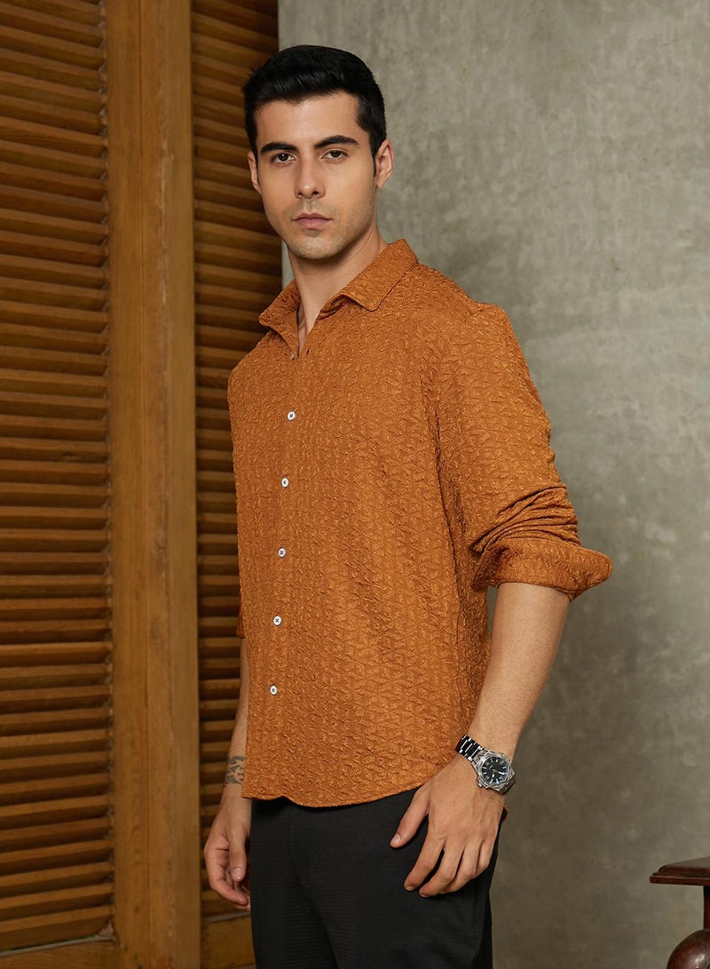 Campus Sutra Campus Sutra Men's Copper Brown Bloom-Textured Shirt For Casual Wear | Spread Collar | Long Cuffed Sleeves | Button Closure | Shirt Crafted With Comfort Fit For Everyday Wear  - Image 3