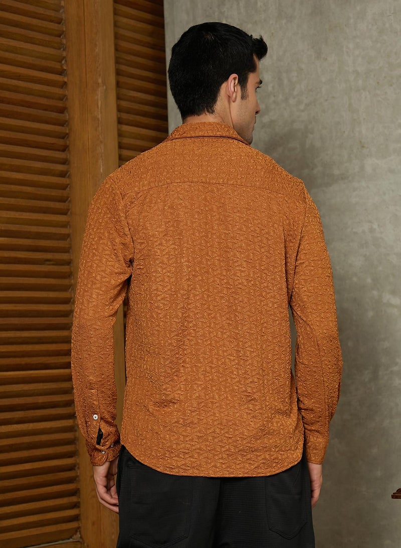 Campus Sutra Campus Sutra Men's Copper Brown Bloom-Textured Shirt For Casual Wear | Spread Collar | Long Cuffed Sleeves | Button Closure | Shirt Crafted With Comfort Fit For Everyday Wear  - Image 5