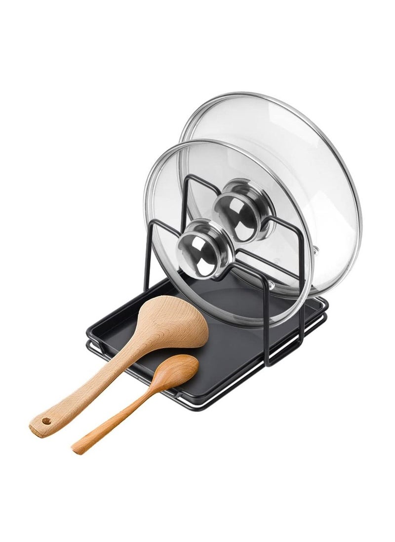 SYOSI - Pot Lid Holder, 2 Layers Pot Lid Organizer Multifunctional Lid and Spoon Rest Rack with Drip Tray for Pot Lids, Spatulas, Spoons, Cutting Boards - Image 1
