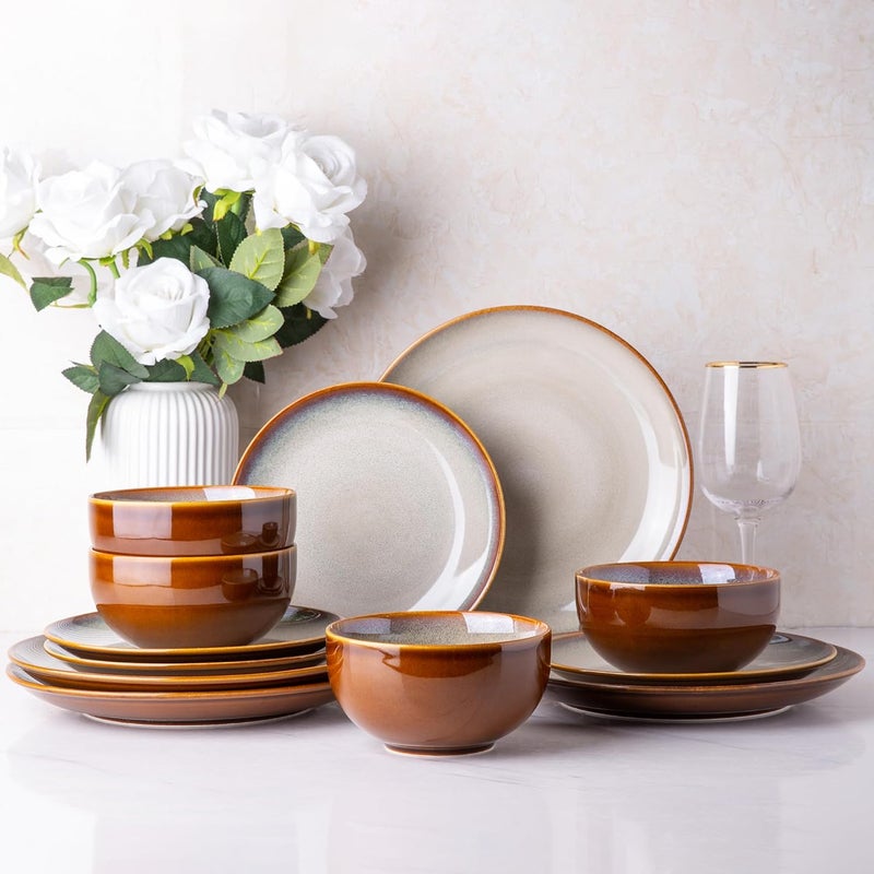 LERATIO Ceramic Dinnerware Sets for 4 Coupe Plates and Bowls SetsHighly Chip and Crack Resistant  Dishwasher  Microwave  Oven Safe Dishes setReactive Glaze Dinnerware Service for 412pcs - Image 1