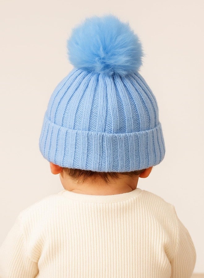 Nat Winter Woolen Hat | Knitted Hat for New Born Baby | Cute Beanie | Wool Cap Baby Hat for 0-12 Months Old Baby Boys & Baby Girls (Sky Blue Color, 1 Piece) - Image 3