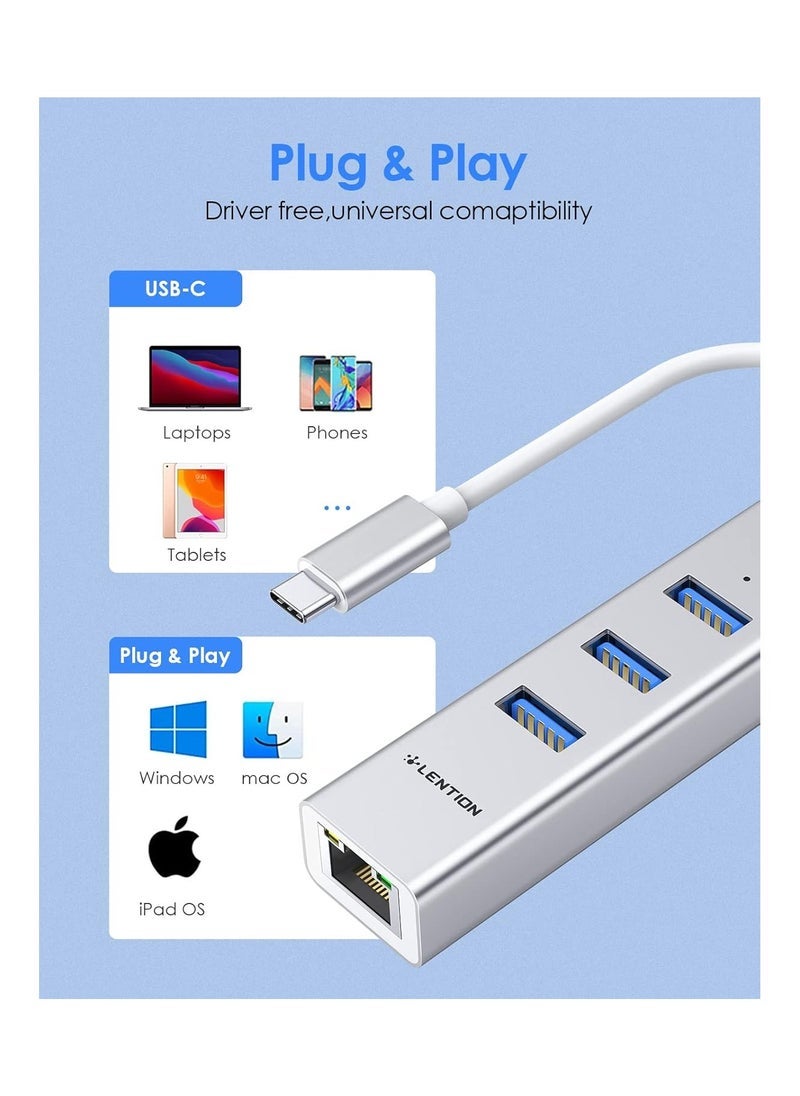 Lention LENTION USB-C to 3-Port USB 3.0 Hub with Gigabit Ethernet LAN Adapter Compatible 2020-2016 MacBook Pro 13/15/16, New Mac Air/Surface/iPad Pro, Chromebook, More - Ultra Slim (CB-C23s, Silver)  - Image 2