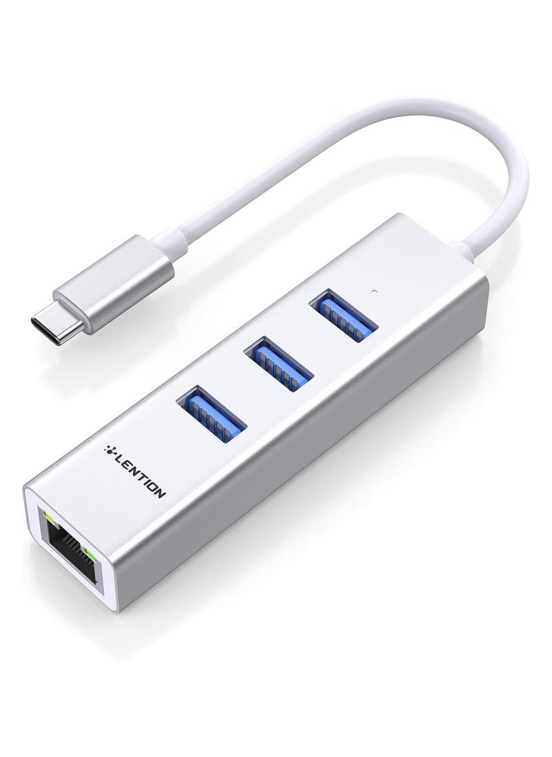 Lention LENTION USB-C to 3-Port USB 3.0 Hub with Gigabit Ethernet LAN Adapter Compatible 2020-2016 MacBook Pro 13/15/16, New Mac Air/Surface/iPad Pro, Chromebook, More - Ultra Slim (CB-C23s, Silver)  - Image 1