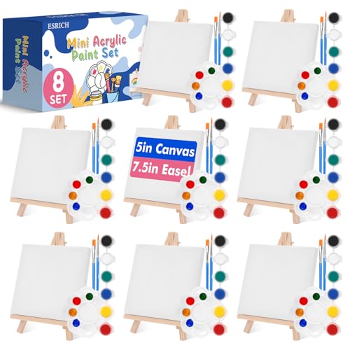ESRICH 8 Set Mini Acrylic Paint Kit, 5in Mini Stretched Canvas with 7.5in Easel, Acrylic Paint Strips, Paint Palettes, Painting Brushes, Small Canvas and Easel Set for Kids Artists Beginner, Gift - Image 1