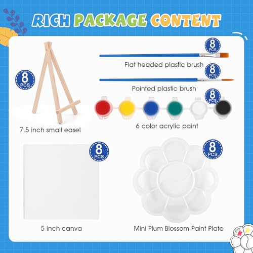 ESRICH 8 Set Mini Acrylic Paint Kit, 5in Mini Stretched Canvas with 7.5in Easel, Acrylic Paint Strips, Paint Palettes, Painting Brushes, Small Canvas and Easel Set for Kids Artists Beginner, Gift - Image 2