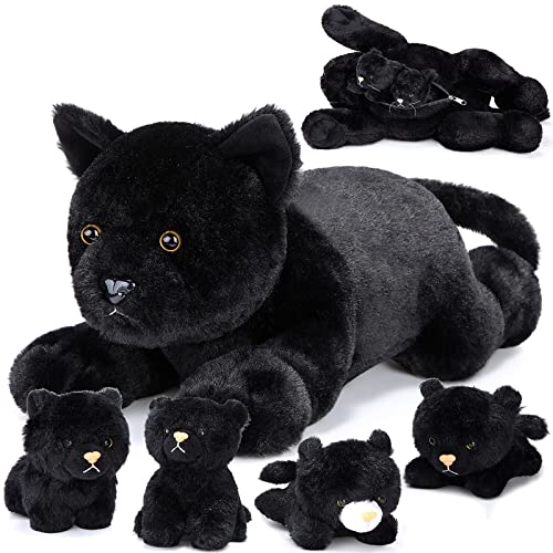 Skylety 5 Pieces Cat Stuffed Animal with Babies Inside Belly Plush Cat Pregnant Mommy Kitty with 4 Cute Fluffy Stuffed Kittens Christmas Birthday Surprise GiftsBlack - Image 1