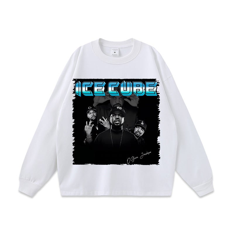American Hip Hop Rap Character Washed Distressed Long-Sleeved T-Shirt Men And Women Hiphop Vintage Loose Base Tee - Image 3