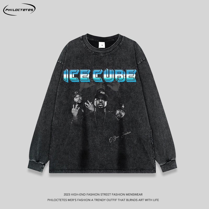 American Hip Hop Rap Character Washed Distressed Long-Sleeved T-Shirt Men And Women Hiphop Vintage Loose Base Tee - Image 2