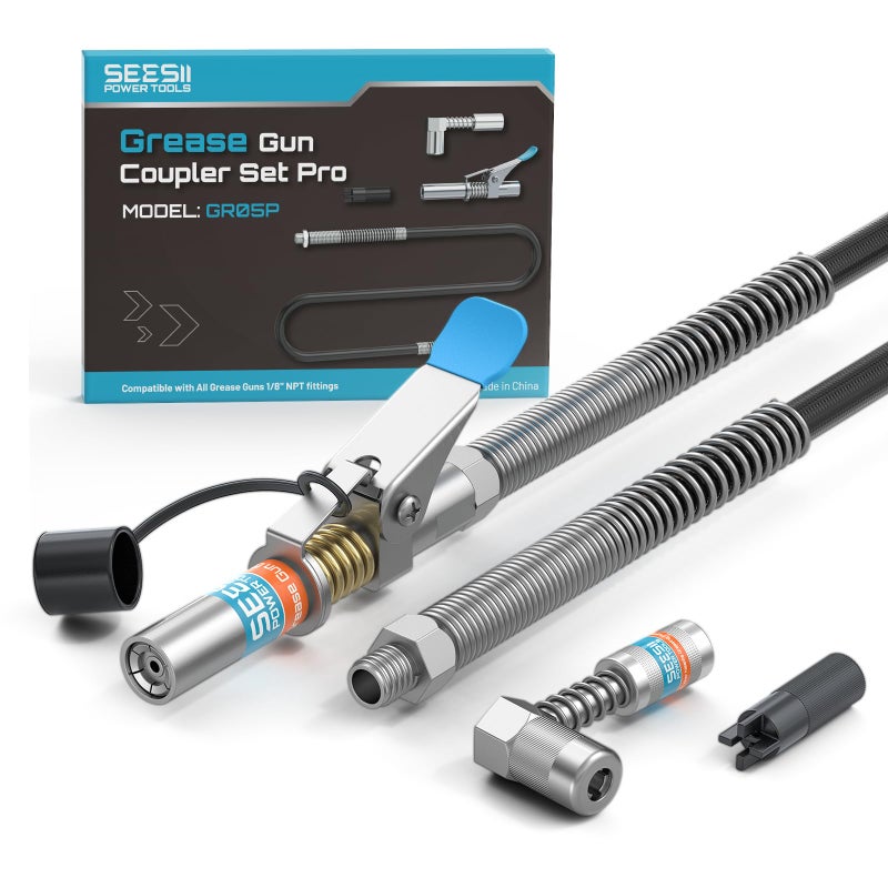 Seesii Grease Gun Accessory Kit Pro 12000 PSI QuickRelease Coupler 90 Degree Coupler Adapter 394 DualSpring Long Flex Hose Zerk Fitting Cleaning Tool Compatible with All Grease Guns GR05P - Image 3