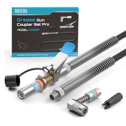 Seesii Grease Gun Accessory Kit Pro 12000 PSI QuickRelease Coupler 90 Degree Coupler Adapter 394 DualSpring Long Flex Hose Zerk Fitting Cleaning Tool Compatible with All Grease Guns GR05P - Image 1